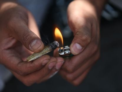 A person lights a joint.