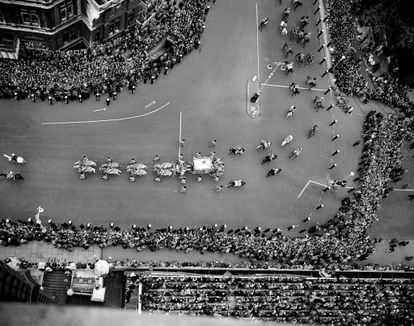 A historic image taken from Big Ben, as Queen Elizabeth II and the Duke of Edinburgh arrive in the State Coach at Westminster Abbey for the Coronation ceremony.   