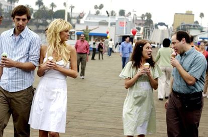 Joel Moore, Paris Hilton, Christine Lakin and Adam Kulbersh in the 2008 comedy, 'The Hottie and the Nottie.'