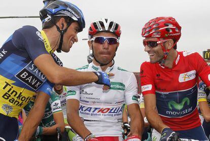 Alberto Contador, Purito Rodr&iacute;guez and Alejandro Valverde (left to right) on the Vuelta&#039;s Stage 4. 