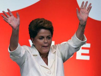Brazilian President Dilma Rousseff waves after her win on Sunday.