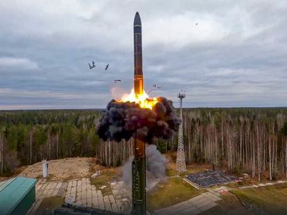 A Yars intercontinental ballistic missile is test-fired as part of Russia's nuclear drills from a launch site in Plesetsk in 2022.