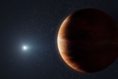 An artist's rendition of a gaseous planet near a white dwarf.