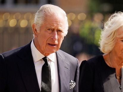 Charles III and Queen Consort Camilla arrive at Hillsborough Castle in Belfast on Tuesday.