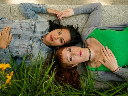 Amaya, left, and Susana, who both suffered miscarriages, pose in Plaza de España, in Madrid.