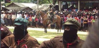 Marcos on horseback as he pays homage to Galeano.