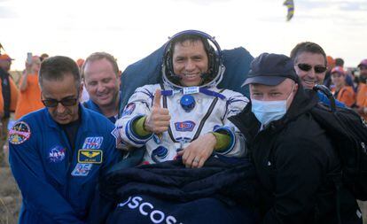 International Space Station crew member and NASA astronaut Frank Rubio is carried by specialists after landing in the Soyuz MS-23 space capsule in a remote area in Kazakhstan, on Sept. 27, 2023.