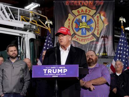 Former President Donald Trump speaks at the East Palestine Fire Department as he visits the area in the aftermath of the Norfolk Southern train derailment on Wednesday, Feb. 22, 2023.