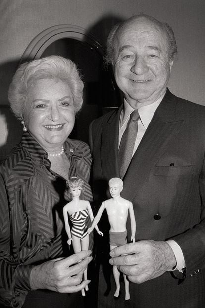 Ruth and Elliott Handler, founders of Mattel, with a Barbie and Ken. 
