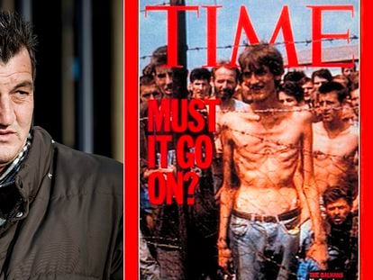 Left: Fikret Alic, in 2017 during the trial of Ratko Mladic in The Hague, Right: The 1992 cover of ‘Time’ on which he appeared. / EFE
