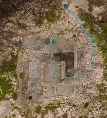 Aerial view of the Punic temple with the three circular tanks.