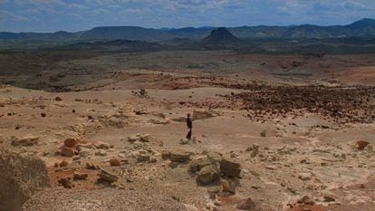 Harry Dean Stanton stands in the immense desert in the film’s opening sequence.