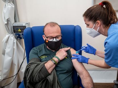 A civil guard is given a Covid-19 vaccine in Valencia in this file photo from March.