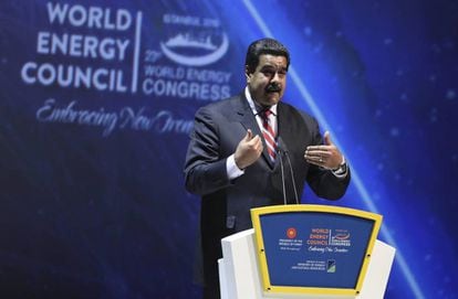 Venezuelan President Nicolás Maduro delivers a speech at the 23rd World Energy Congress in Istanbul.