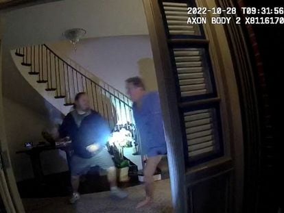 A screenshot from a police body camera video shows David DePape lifting a hammer to strike Paul Pelosi, the husband of then-House Speaker Nancy Pelosi, in the couple’s house on October 28, 2022, in San Francisco, California, U.S.