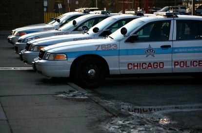Chicago police cars parked at a police station.