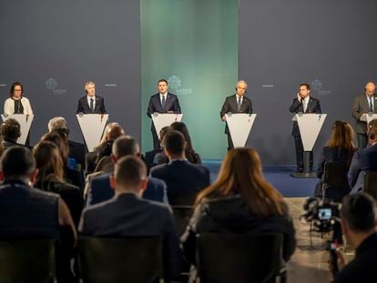 Ministers from Sweden, Spain, Malta, Italy, Greece and Cyprus hold a press conference at the MED 5 conference held in Valletta, Malta, on Saturday, March 4, 2023.