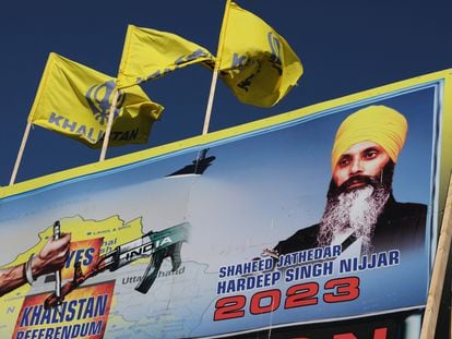 A mural features the image of late Sikh leader Hardeep Singh Nijjar, who was slain on the grounds of the Guru Nanak Sikh Gurdwara temple in June 2023, in Surrey, British Columbia, Canada.