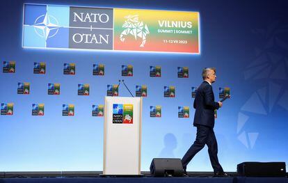 NATO Secretary-General Jens Stoltenberg speaks to the press in Vilnius on Monday.