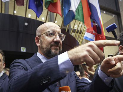 European Council President Charles Michel announcing the opening of negotiations with Ukraine and Moldova.