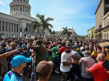Hundreds of people protest against the Cuban government in Havana on Sunday.