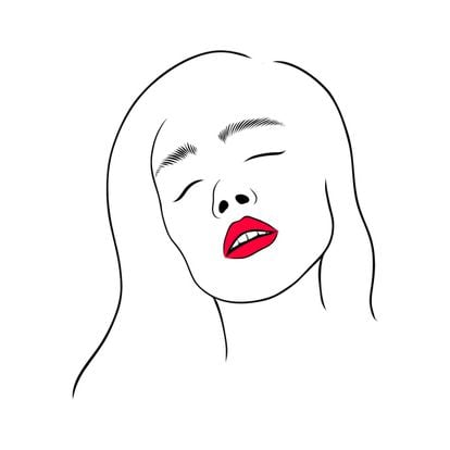 Woman with open mouth, with red  lips. Line art hand drawn vector illustration
