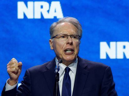 NRA Executive Vice President and CEO Wayne LaPierre speaks at the National Rifle Association (NRA) annual convention in Indianapolis, Indiana, U.S., April 14, 2023.