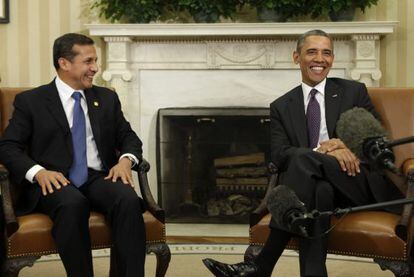 US President Barack Obama smiles during his meeting with Peru&#039;s Ollanta Humala at the White House.