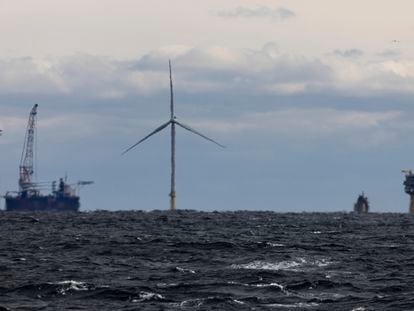 The first operating South Fork Wind farm turbine, Thursday, Dec. 7, 2023, stands east of Montauk Point, N.Y. South Fork Wind, America's first commercial-scale offshore wind farm, is officially open.