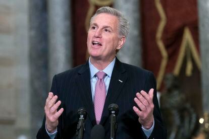 Speaker of the House Kevin McCarthy, R-Calif., speaks during a news conference in Statuary Hall at the Capitol in Washington, Jan.12, 2023.