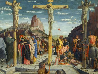 'Crucifixion' (1457-1459) by Andrea Mantegna exhibited at the Louvre Museum.