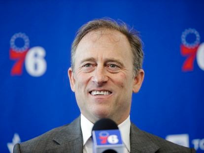 Philadelphia 76ers owner Josh Harris speaks with members of the media during a news conference at the NBA basketball team's practice facility in Camden, N.J., Tuesday, May 14, 2019.