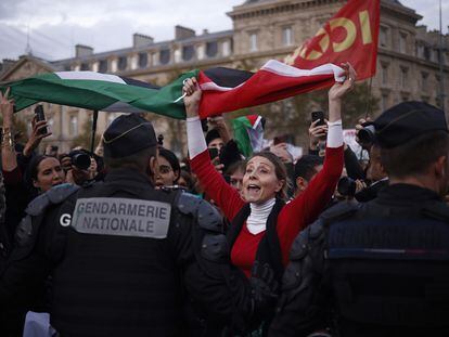 People with Palestine flags at the 'Place de la Republique' during a demonstration to support the Palestinian people, in Paris, France, 19 October 2023.