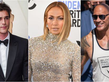 From left to right, Jacob Elordi, Jennifer Lopez and Dwayne Johnson.