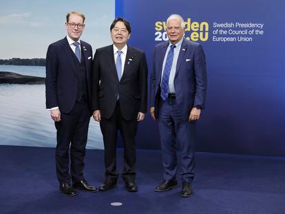 Yoshimasa Hayashi, center, Minister for Foreign Affairs, Japan, is received by Swedish Foreign Minister Tobias Billstrom, left, and European Union High Representative for Foreign Affairs and Security Policy Josep Borrell for an EU Indo-Pacific Ministerial Forum.