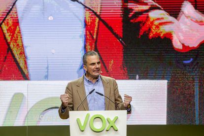 Vox general secretary Javier Ortega Smith during a party rally on Sunday in Madrid.
