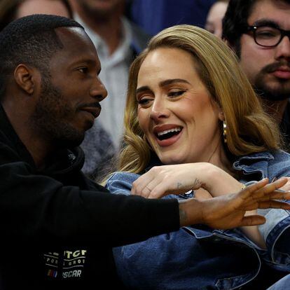 Singer Adele and sports agent Rich Paul at an NBA playoffs game in San Francisco.