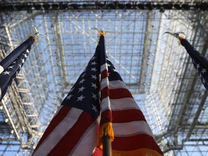 US flags under the Jacob Javits Center in New York City.