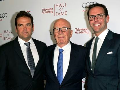 Fox News Corp. Executive Chairman Rupert Murdoch, center, and his sons, Lachlan, left, and James Murdoch attend the 2014 Television Academy Hall of Fame in Beverly Hills, Calif., on March 11, 2014