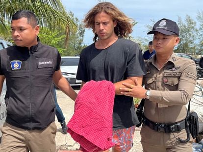 Daniel Sancho is escorted while assisting Thai police with investigations after he was arrested on charges of murder.
