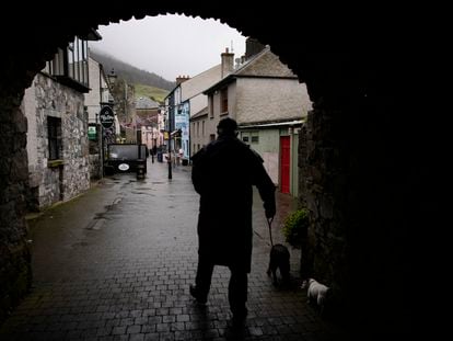 A man takes his dogs for a walk in the rain on a street in Carlingford, Ireland, Tuesday, April 11, 2023, as final preparations are made for President Joe Biden's visit to the town later in the week. President Biden is visiting Northern Ireland and Ireland to celebrate the 25th Anniversary of the Good Friday Agreement. (AP Photo/Christophe Ena)