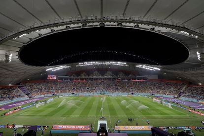 Inside the Khalifa International Stadium in Qatar during a 2022 FIFA World Cup match.