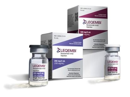 This image provided by Eisai in January 2023 shows vials and packaging for their medication, Leqembi