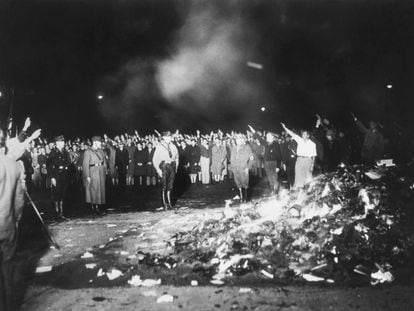 Lion Feuchtwanger’s books and others are burned at a Nazi rally in 1933.