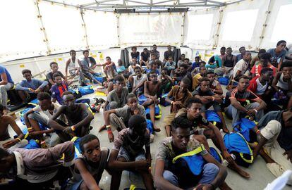 Migrants rescued by the ‘Aquarius’ on Friday.