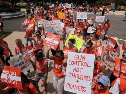 Mass shootings survivors, families and supporters rally on Capitol Hill in Washington, DC, calling for stricter gun controls on July 13, 2022.