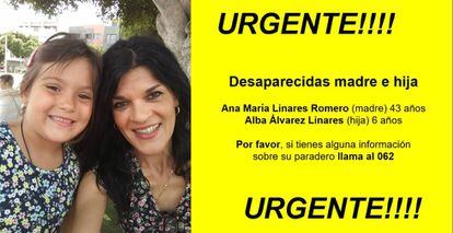 Ana María Linares and her daughter Alba in a missing person poster.
