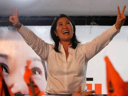 Keiko Fujimori greets her supporters.