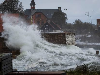 Waves hit Allinge harbor during strong gusts of wind on the island of Bornholm's northern coast, Denmark, 20 October 2023.