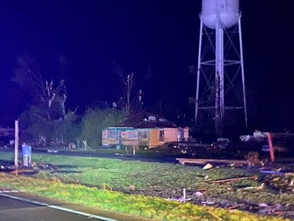A damaged building following a tornado in Silver City, Mississippi, in a picture obtained from social media.